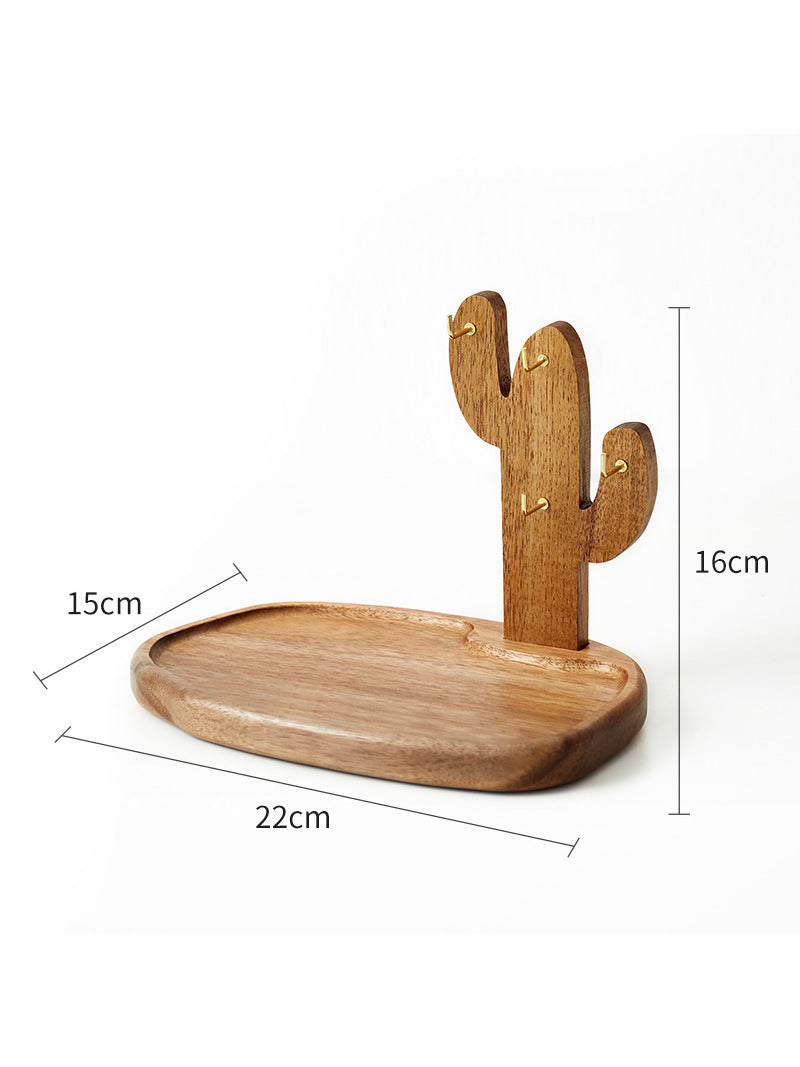 Creative Wooden Cactus Desktop Hook Storage Tray, Office Desk Organization