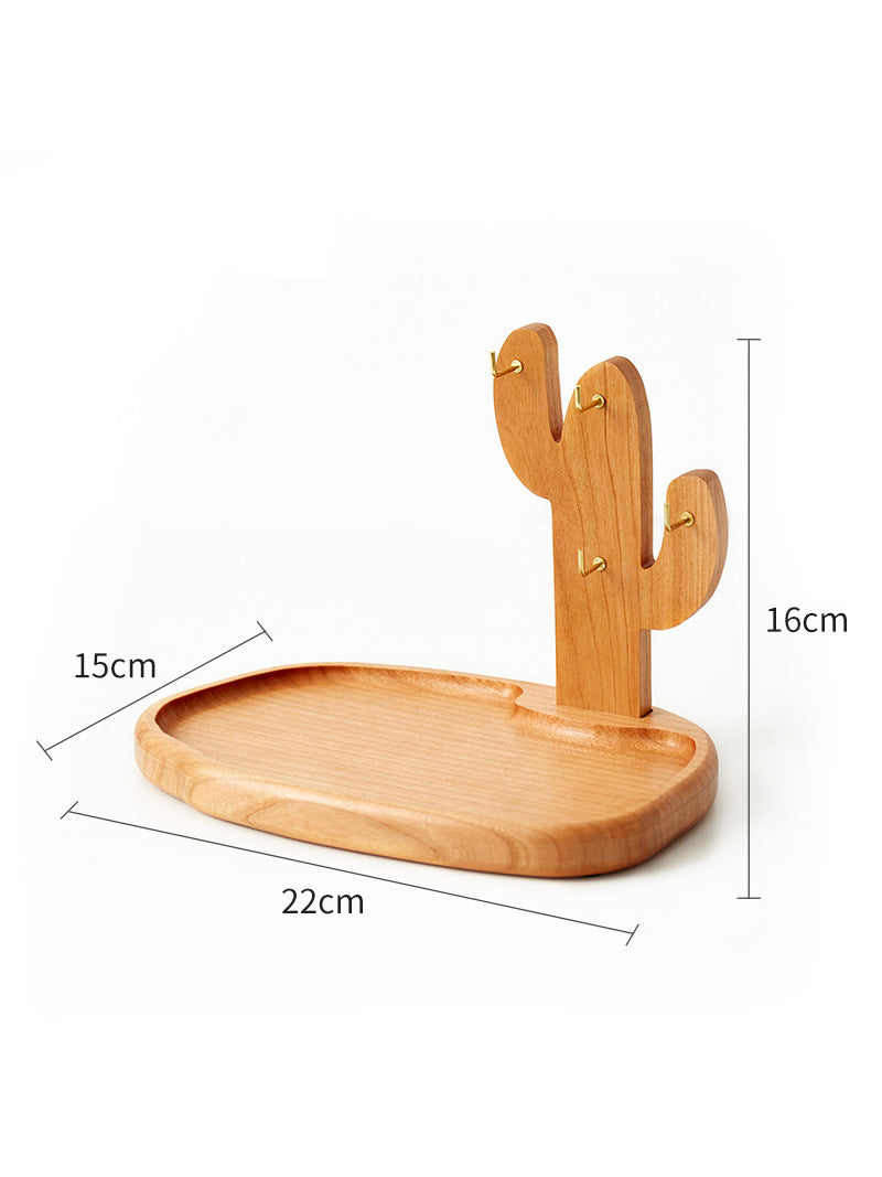 Creative Wooden Cactus Desktop Hook Storage Tray, Office Desk Organization