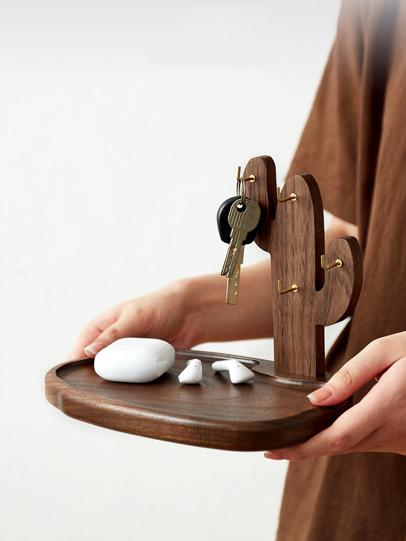 Creative Wooden Cactus Desktop Hook Storage Tray, Office Desk Organization