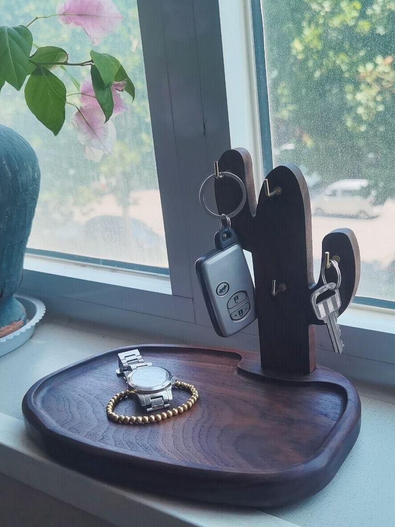 Creative Wooden Cactus Desktop Hook Storage Tray, Office Desk Organization