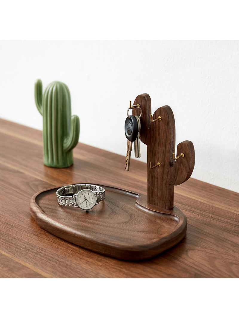 Creative Wooden Cactus Desktop Hook Storage Tray, Office Desk Organization