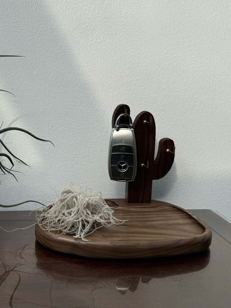 Creative Wooden Cactus Desktop Hook Storage Tray, Office Desk Organization