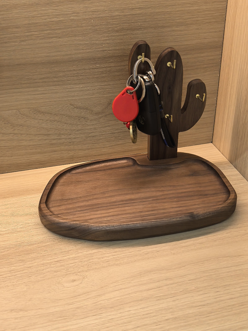 Creative Wooden Cactus Desktop Hook Storage Tray, Office Desk Organization