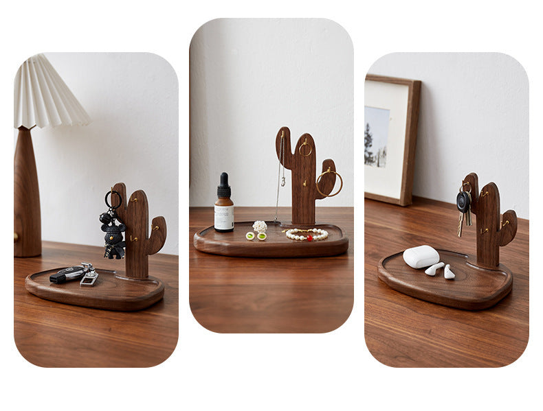 Creative Wooden Cactus Desktop Hook Storage Tray, Office Desk Organization