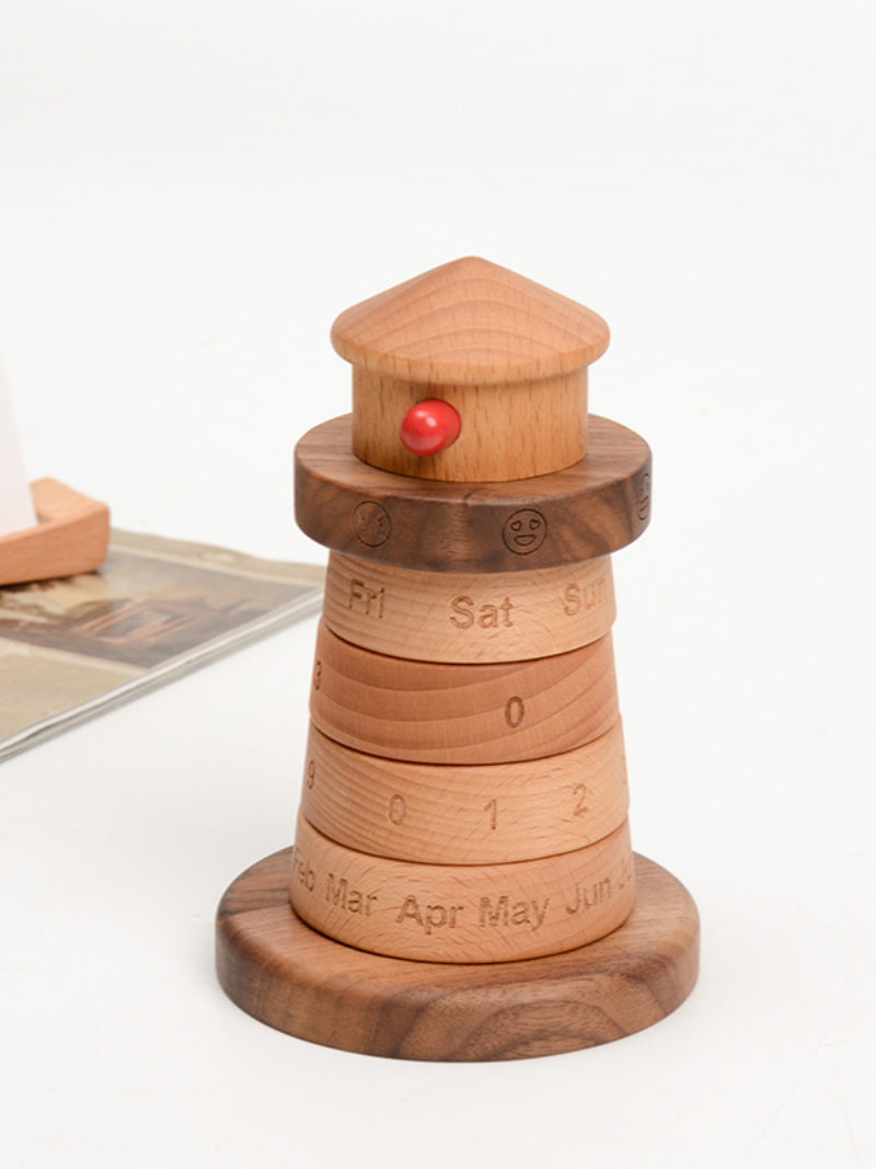 Creative Wooden Lighthouse Shape Perpetual Calendar, Unique Gift