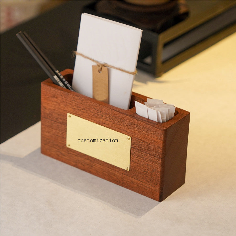 Custom Engraved Wood Desktop Organizer, Multi‑Compartment Wooden Business Card Pen Holder with Brass Plate