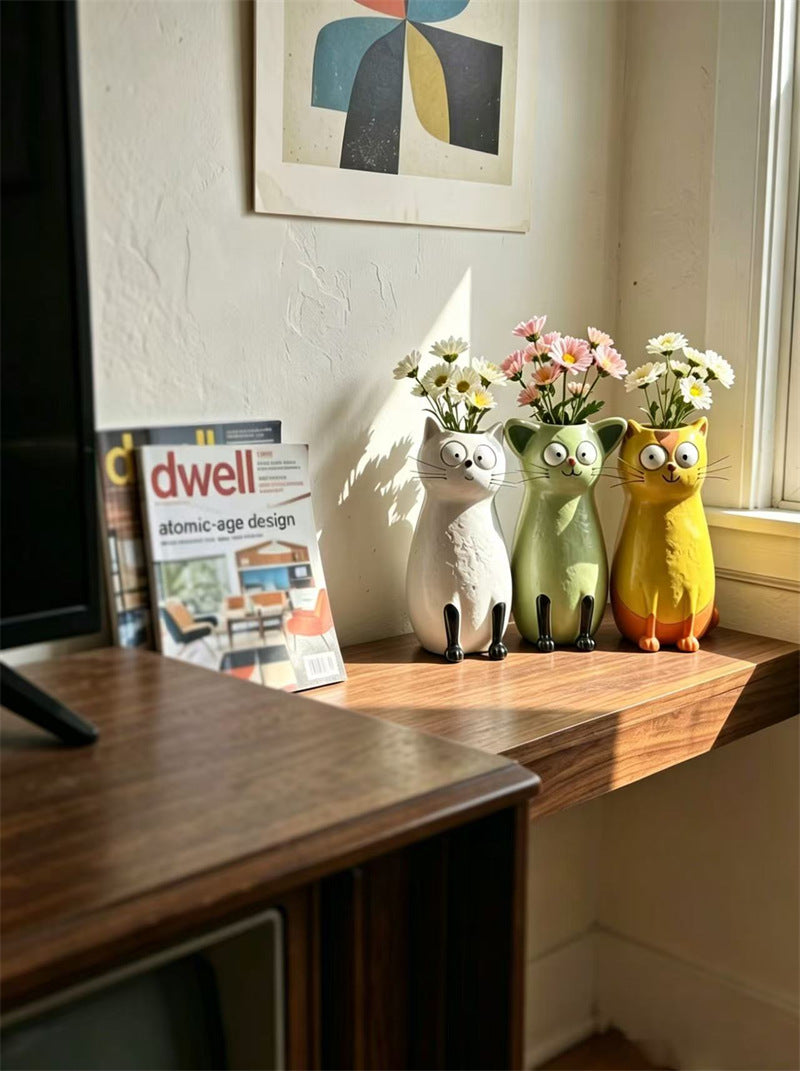 Cute 3D Cartoon Big‑Eyed Cat Ceramic Flower Vase, Whimsical Tabletop Shelf Home Decor Ornament