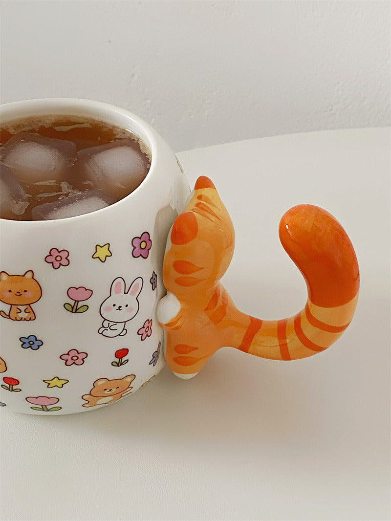 Cute 3D Orange Tabby Cat Tail Handle Ceramic Mug, Cartoon Animal Print Coffee Cup with Bunny Bear Floral Pattern