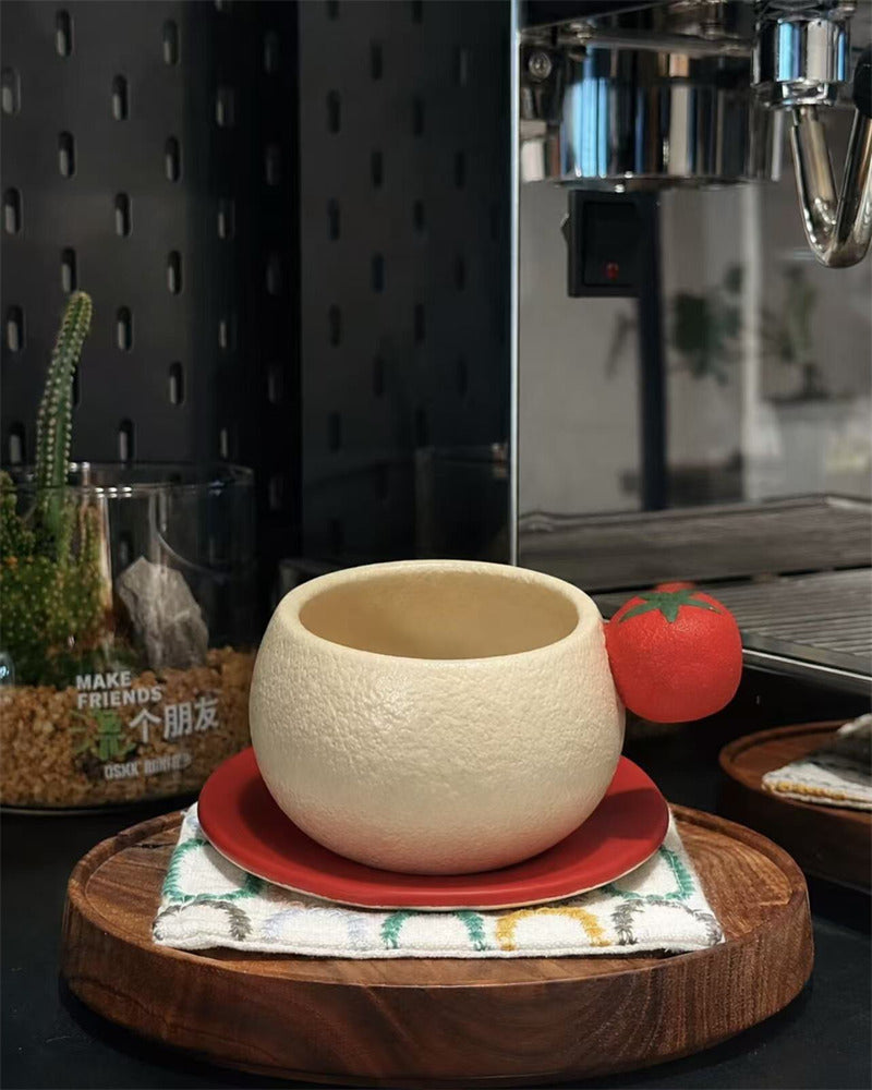 Cute 3D Tomato Side‑Decor Ceramic Coffee Cup , Unique Round Latte Mug Set, Novelty Coffee Bar Decor