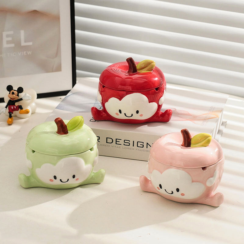 Cute Cartoon Apple Ceramic Ashtray - Playful Fruit-Shaped Smoking Accessory with Leaf Lid
