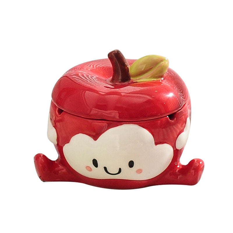Cute Cartoon Apple Ceramic Ashtray - Playful Fruit-Shaped Smoking Accessory with Leaf Lid