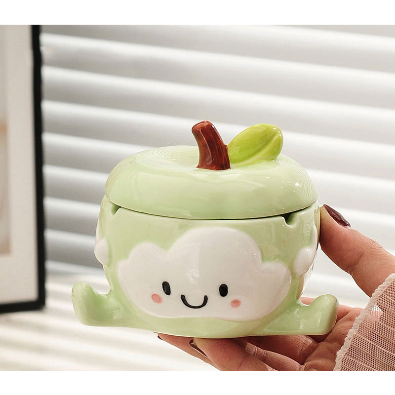 Cute Cartoon Apple Ceramic Ashtray - Playful Fruit-Shaped Smoking Accessory with Leaf Lid