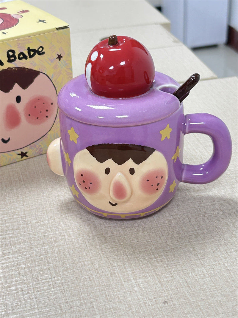 Cute Cartoon Ceramic Mug Set with Lid & Spoon - Creative Gifts