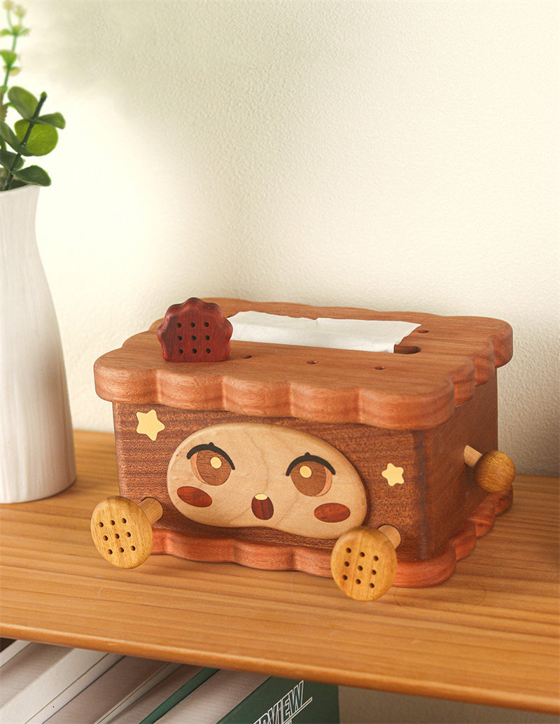 Cute Cartoon Cookie Wooden Tissue Box, Kawaii Solid Wood Tissue Holder for Desk & Bedroom Decor
