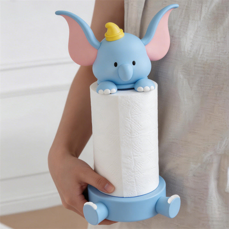 Cute Cartoon Dumbo Baby Elephant Resin Paper Towel Roll Holder& Tissue Dispenser for Kitchen Paper Rolls, Kawaii Animal Tabletop Storage Caddy for Dining Counter Bedroom Vanity