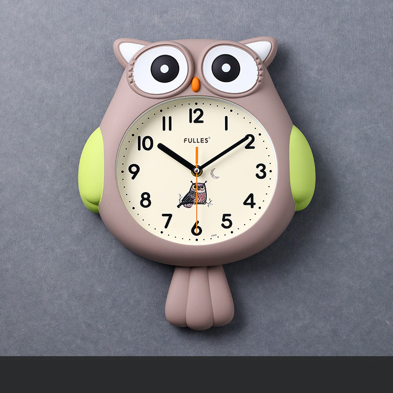 Cute cartoon owl wall clock with wagging tail, children's room decoration