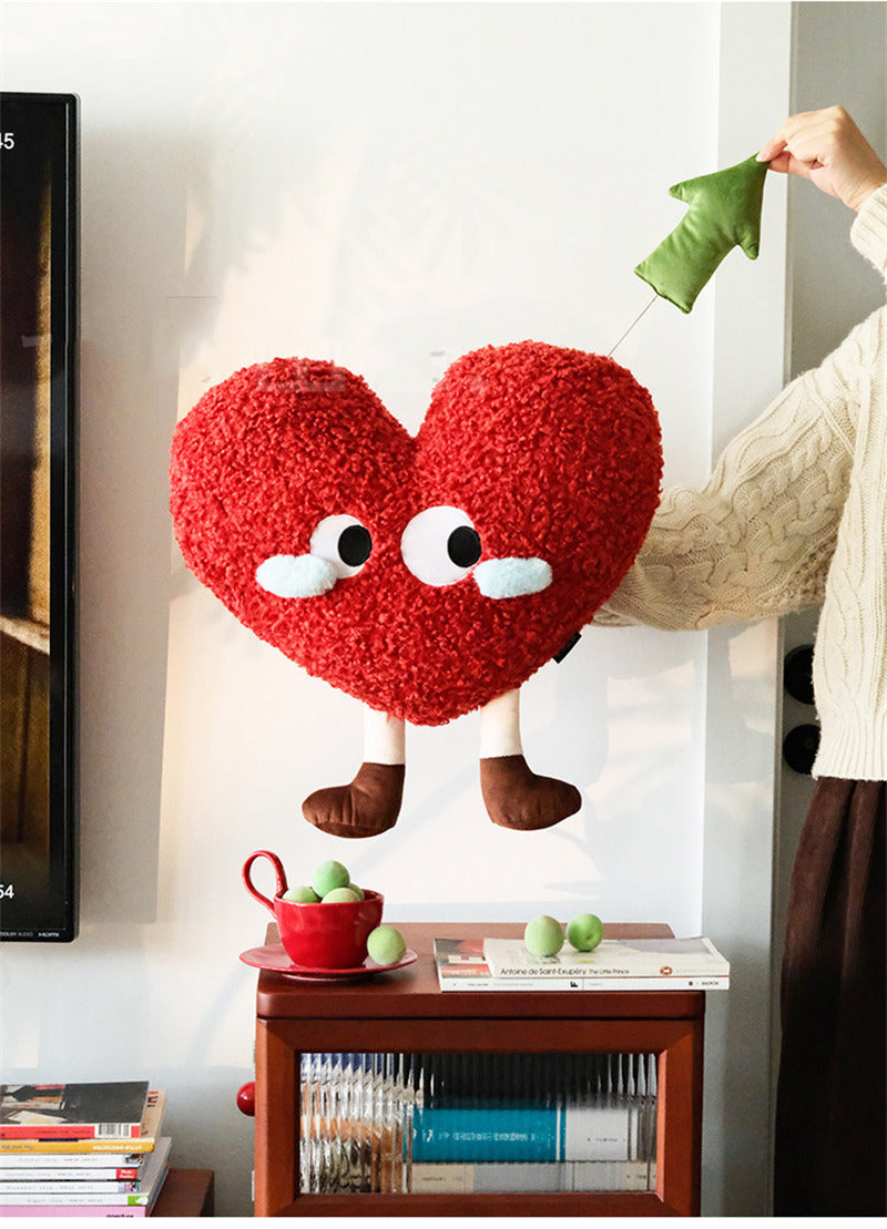 Cute Cartoon Red Heart Plush Pillow with Removable Green Arrow, Fluffy Curly Heart Stuffed Toy, Kawaii Sofa Bed Decor Cushion, Romantic Valentine’s Day Gift for Her
