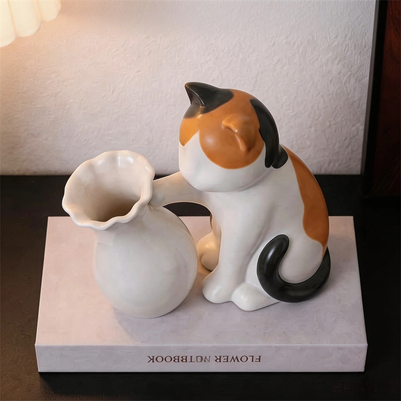 Cute Cat Ceramic Vase,Playful Kitty Figurine with Flower Vase, Modern Tabletop Floral Decor, Unique Gift for Cat Lovers