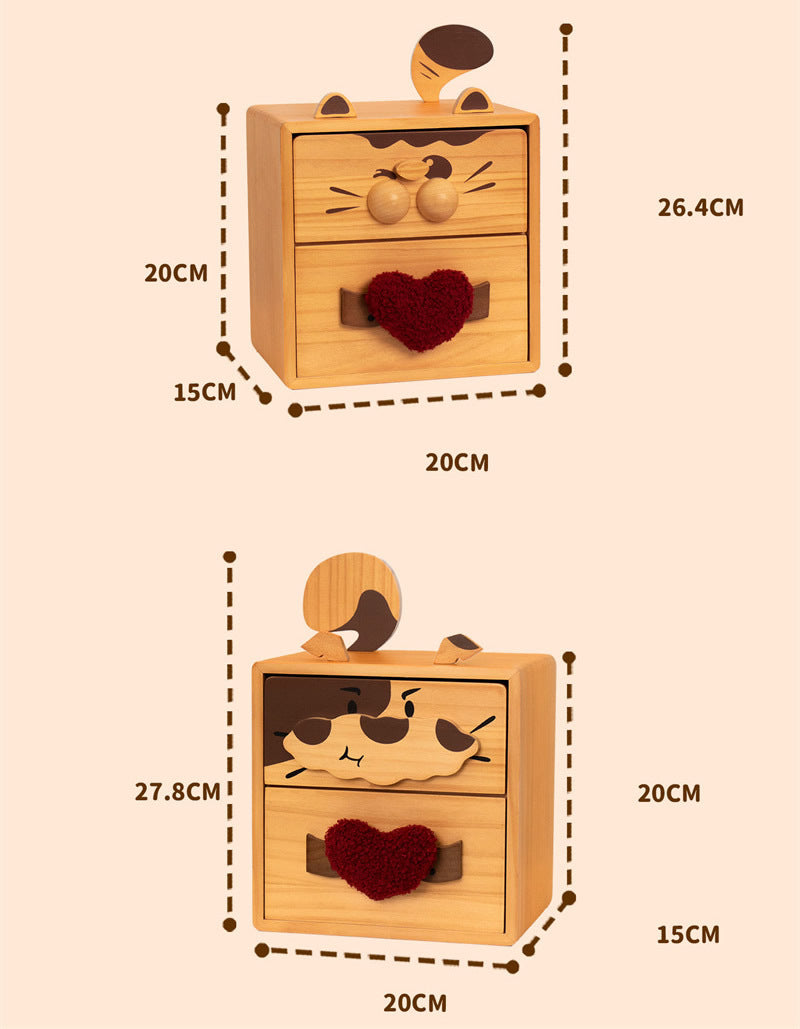 Cute Cat & Dog Wooden Two-Drawer Storage Box - Cartoon Desktop Organizer with Heart Handle