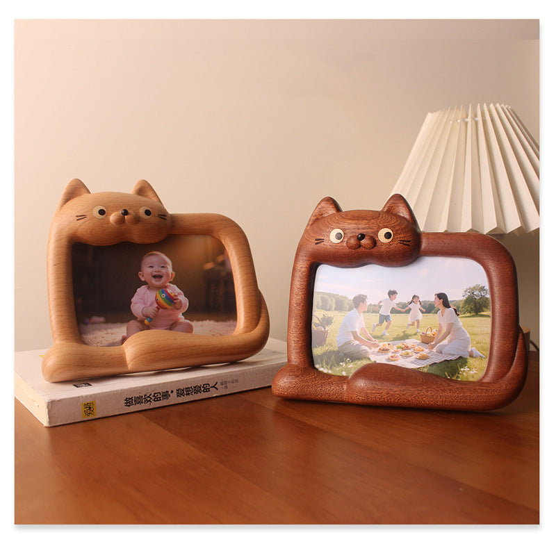 Cute Cat Wooden Photo Frame - Wabi-Sabi Style Wood Picture Frame for Home Decor