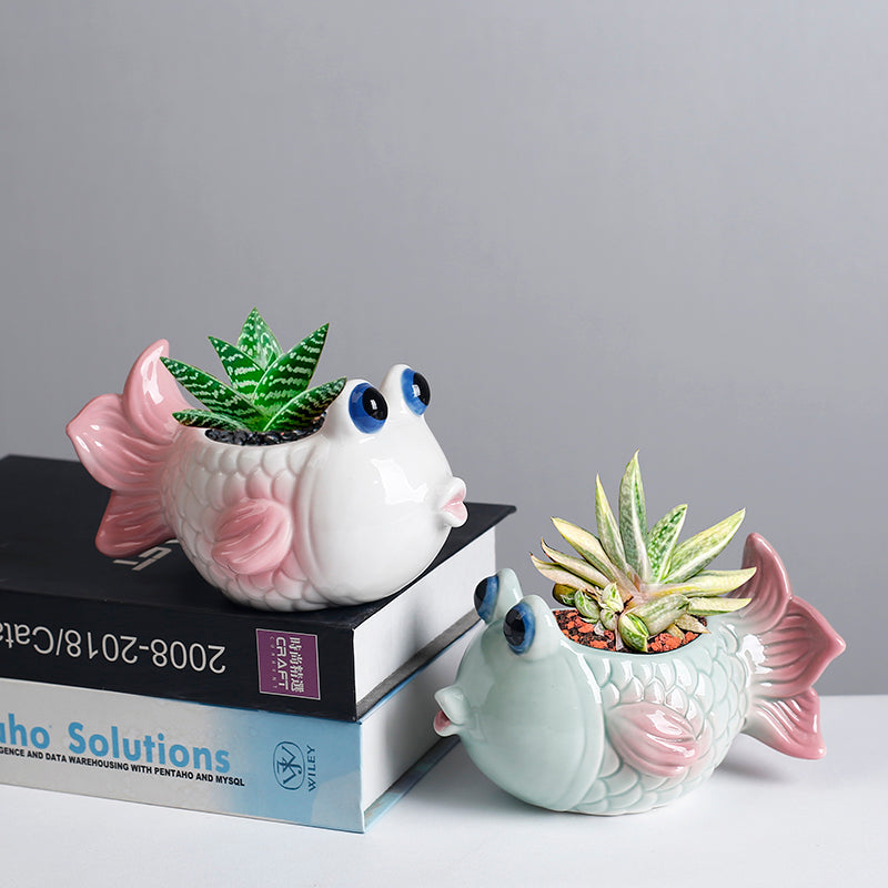 Cute Ceramic Goldfish Planter Bowl - Whimsical Small Plant Pot for Succulents, Air Plants, Home Decor
