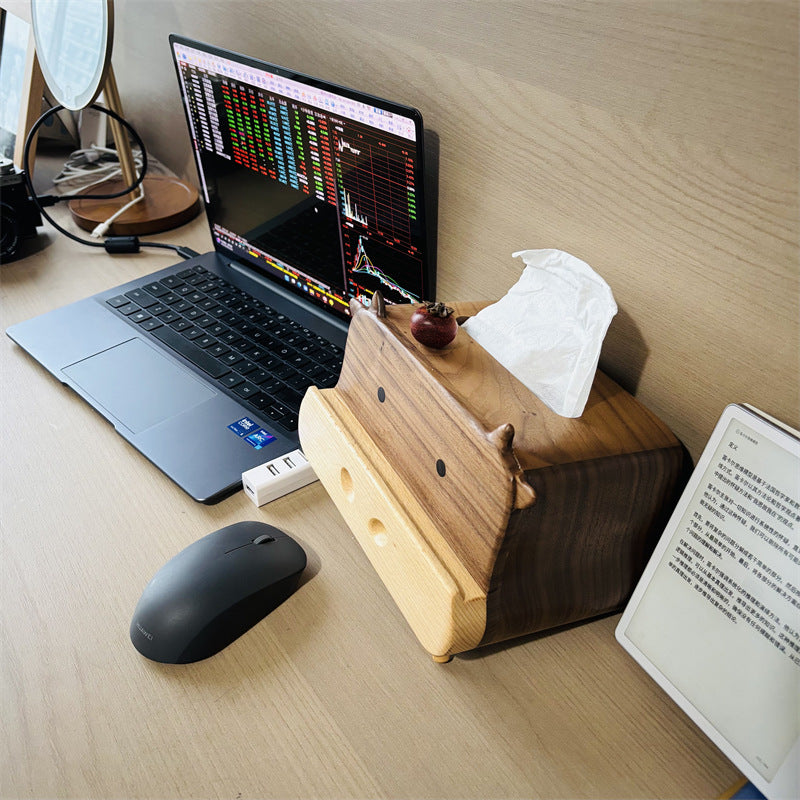 Cute Cow Black Walnut Wood Tissue Box - Multifunctional Desktop Organizer with Phone Stand