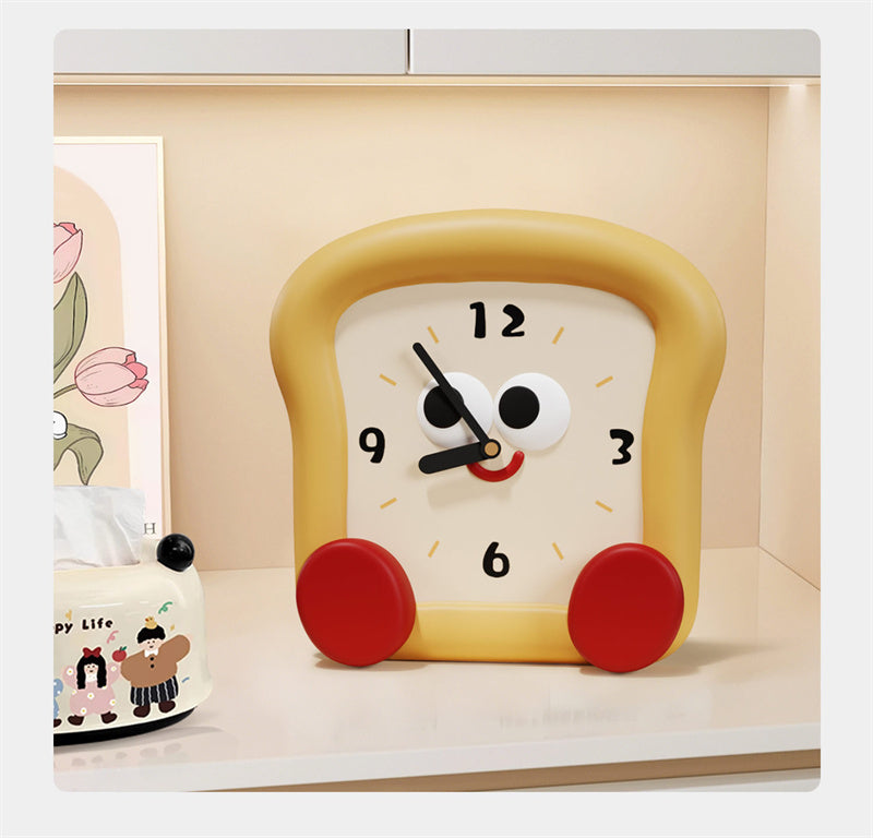 Cute Toast-Shaped Table Clock - Smiling Face Decorative Clock for Kids' Room & Kitchen