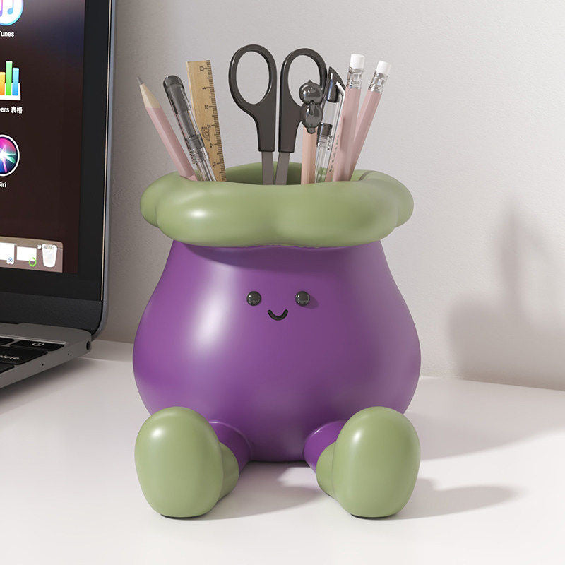 Cute Eggplant-Shaped Pen Holder & Phone Stand - Desktop Organizer for Office & Home