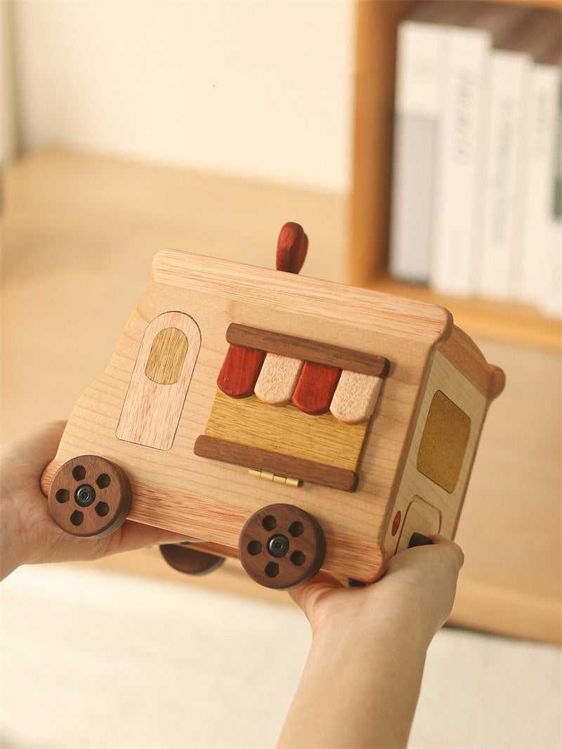 Cute Food Truck Wooden Piggy Bank, Hand‑crafted Solid Wood Money Saving Box with Heart Ornament, Kids Room Decor