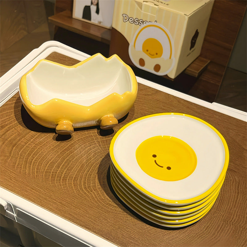 Cute Fried Egg Shaped Ceramic Plate with Egg Shell Storage Rack, Kitchen Decorative Dish , Novelty Table Decor Gift