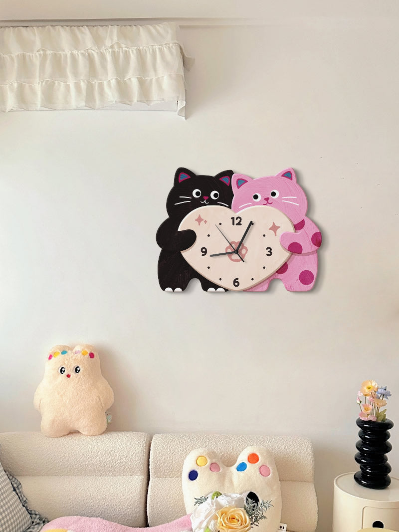 Cute Love Couple Cat Home Decor Wall Clock, Children's Room Decorative Gift