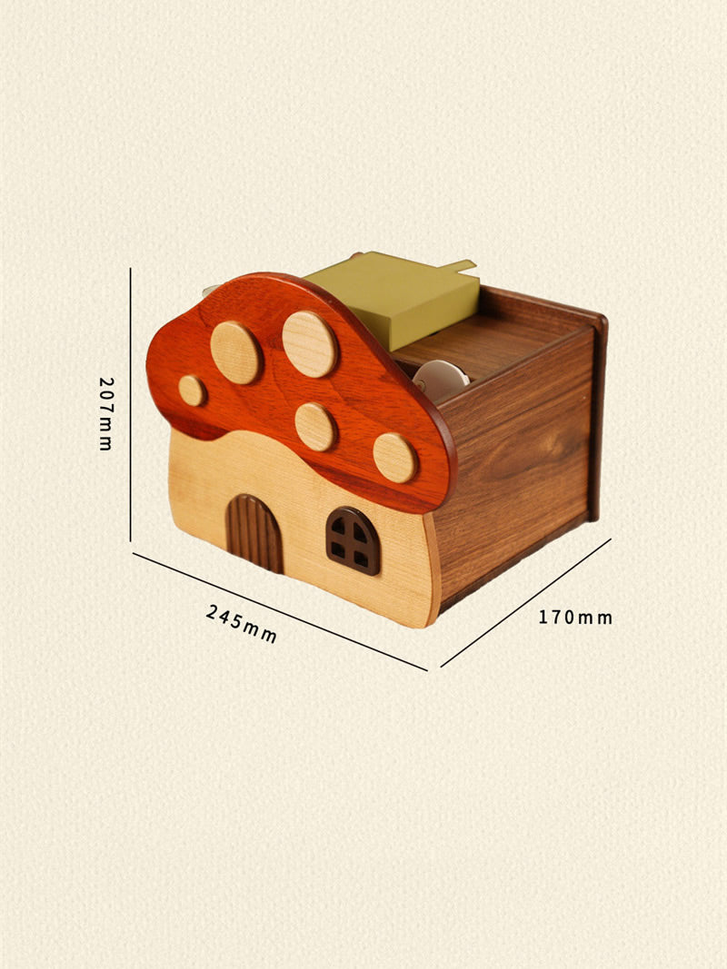 Cute Mushroom House Wooden Tissue Box, Multi‑Compartment Desktop Organizer with Open Storage Top, Whimsical Cottagecore Decor 