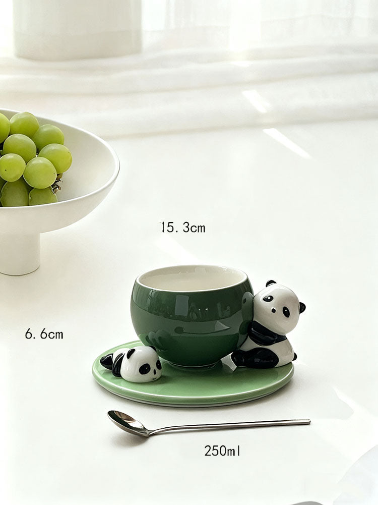 Cute Panda Decor Green Ceramic Cup & Saucer Set - Adorable Animal-Themed Coffee/Tea Mugs for Home & Gifting