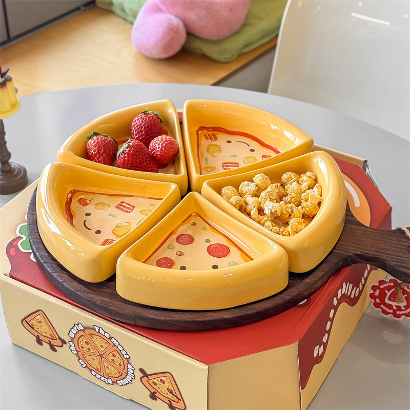 Cute Pizza Shaped Ceramic Divided Serving Tray 5-Piece Snack Platter Set for Party Home Decor