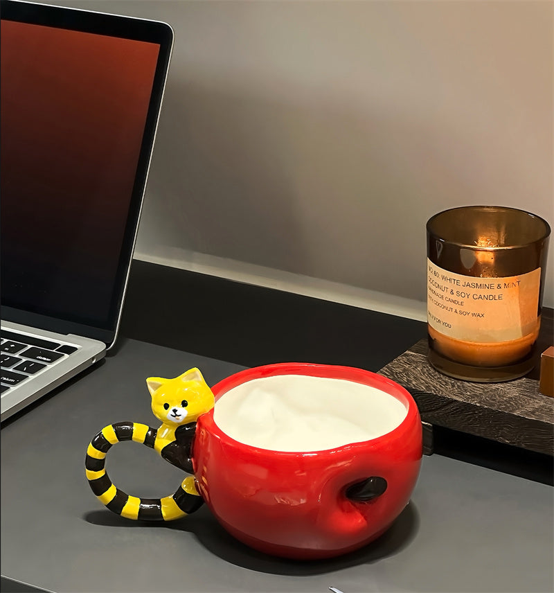 Cute Red Panda Ceramic Mug, Fun Apple Coffee Cup