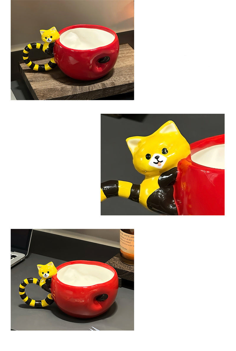 Cute Red Panda Ceramic Mug, Fun Apple Coffee Cup