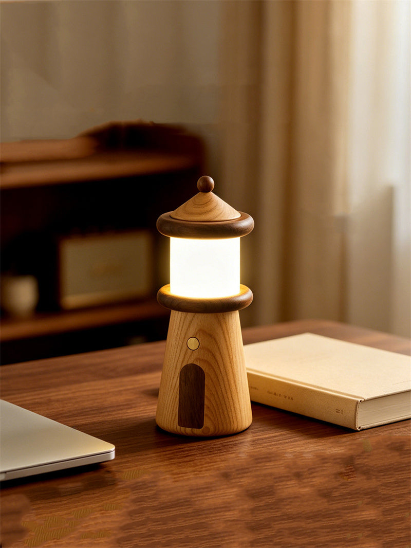Cute Solid Wood Lighthouse Touch Control Night Light, Rechargeable Bedside Table Lamp, Unique Nautical Decor Gift for Kids Adults