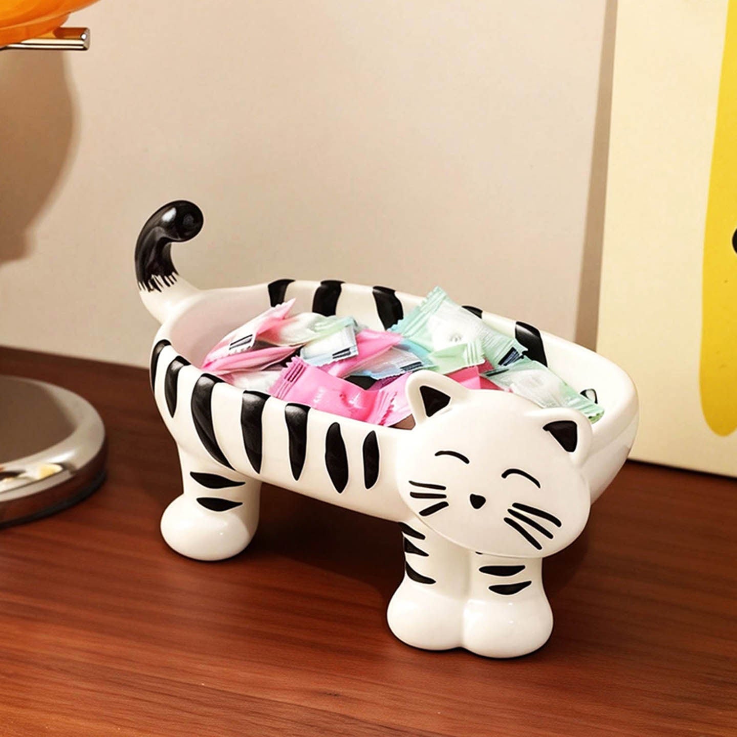 Cute Striped Cat-Shaped Ceramic Storage Bowl - Multi-Purpose Organizer for Keys, Candy, Jewelry & Home Decor