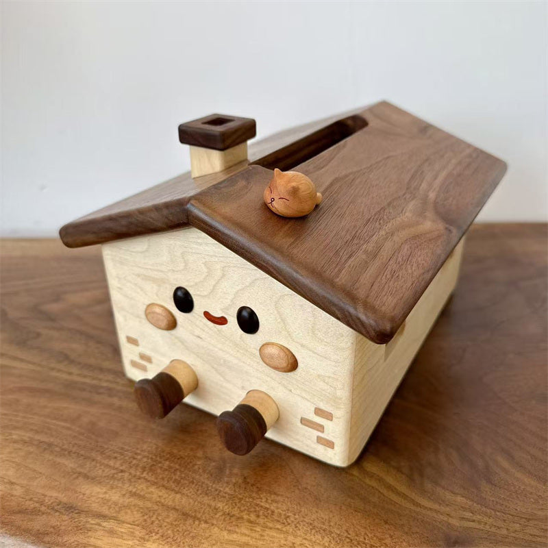 Cute Wooden House Tissue Box – Decorative Wooden Tissue Holder for Living Room, Bedroom & Office