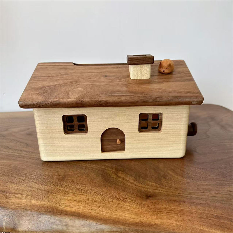 Cute Wooden House Tissue Box – Decorative Wooden Tissue Holder for Living Room, Bedroom & Office