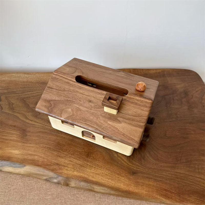 Cute Wooden House Tissue Box – Decorative Wooden Tissue Holder for Living Room, Bedroom & Office