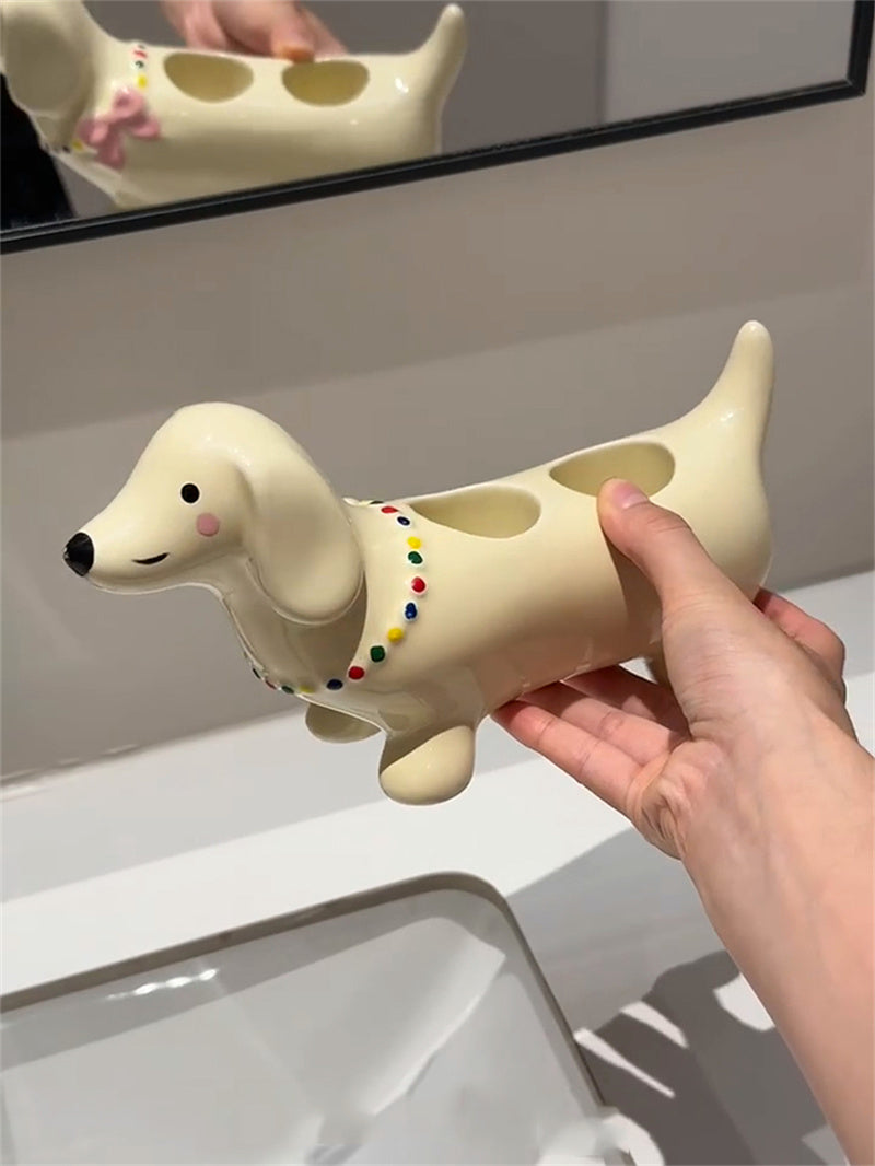Dachshund - Shaped Ceramic Toothbrush Holder, Multi - Slot Bathroom Organizer