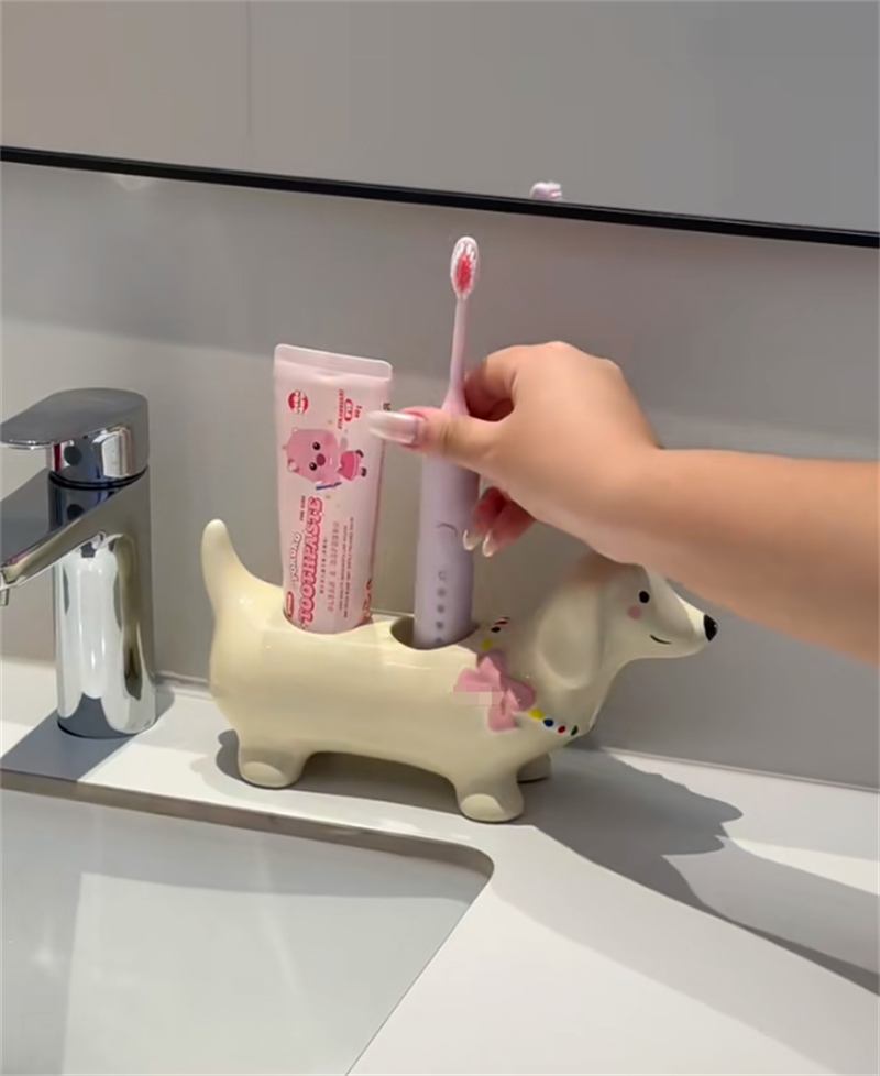 Dachshund - Shaped Ceramic Toothbrush Holder, Multi - Slot Bathroom Organizer