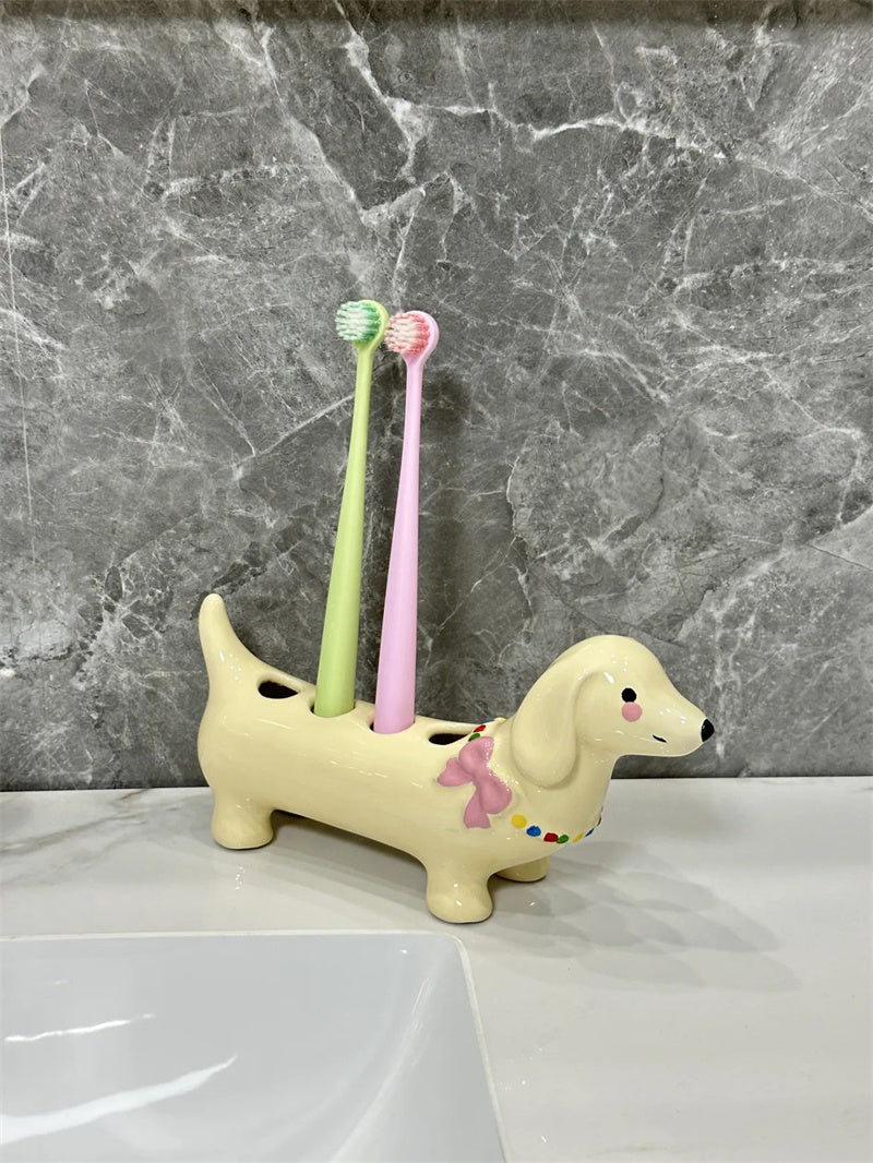 Dachshund - Shaped Ceramic Toothbrush Holder, Multi - Slot Bathroom Organizer