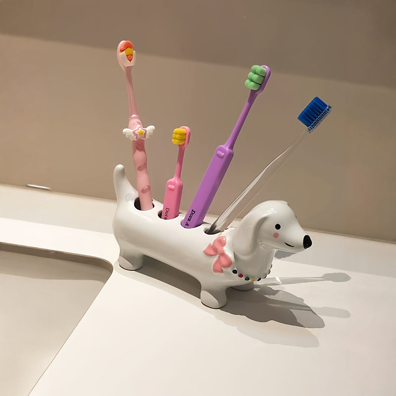 Dachshund - Shaped Ceramic Toothbrush Holder, Multi - Slot Bathroom Organizer