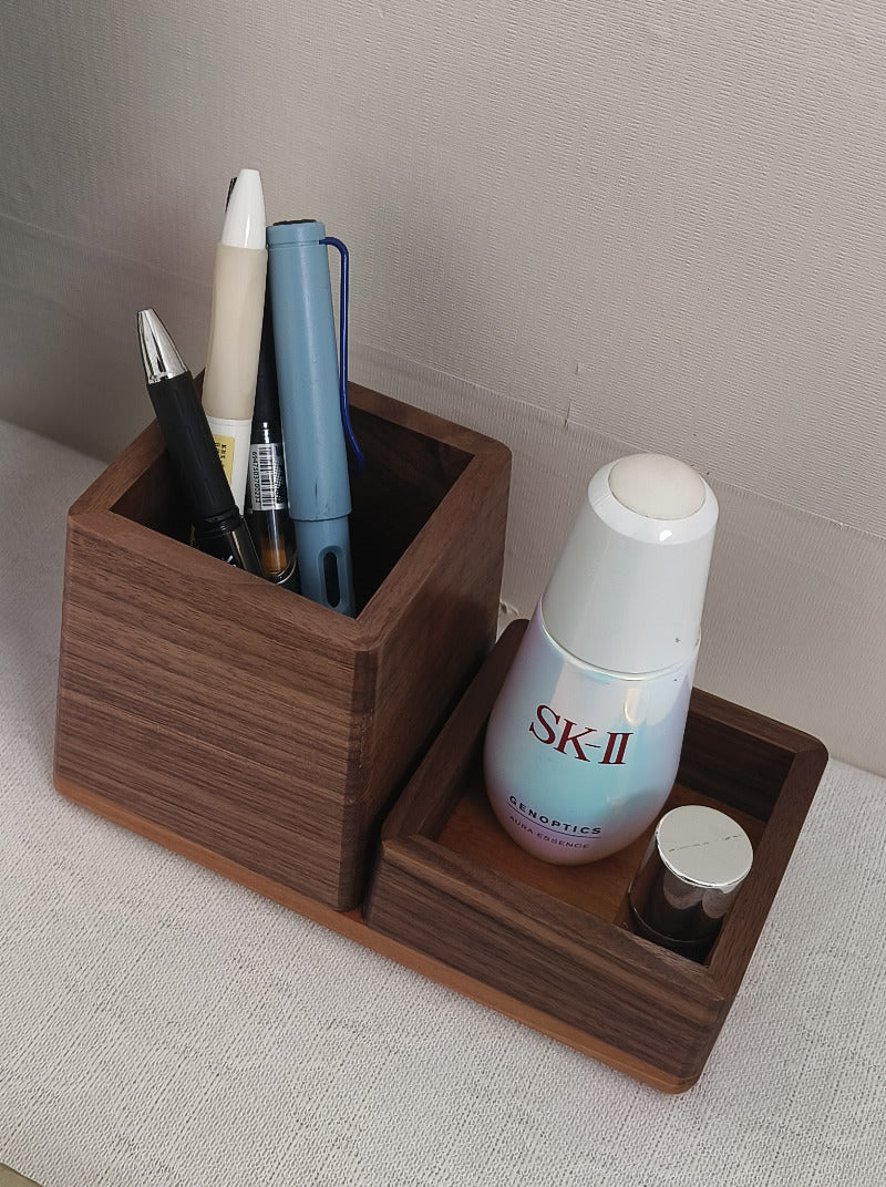 Double-grid wooden office pen holder, desktop storage box