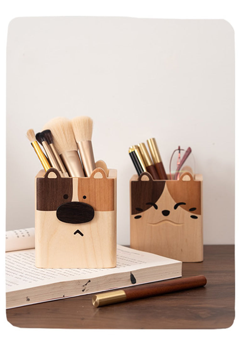 Double-Sided Cat & Dog Pen Holder Whimsical Wooden Desk Organizer