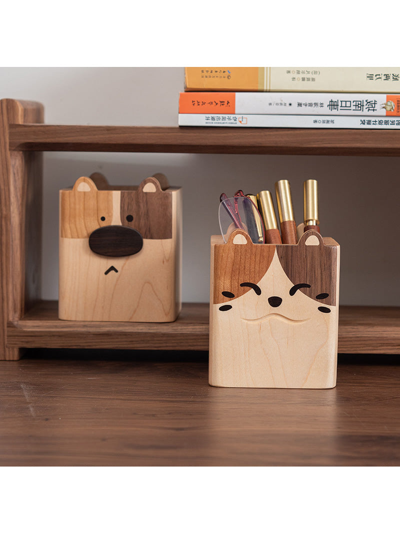 Double-Sided Cat & Dog Pen Holder Whimsical Wooden Desk Organizer