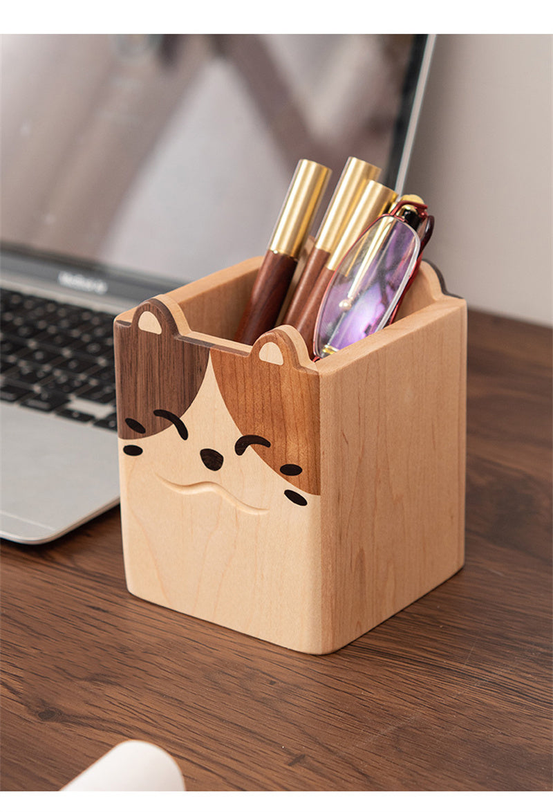 Double-Sided Cat & Dog Pen Holder Whimsical Wooden Desk Organizer