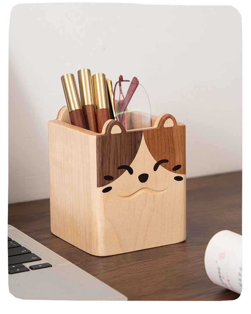 Double-Sided Cat & Dog Pen Holder Whimsical Wooden Desk Organizer